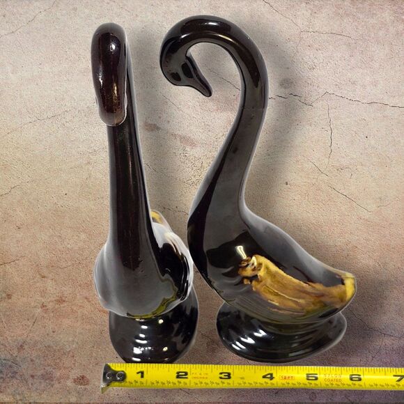 Vintage Japan Redware Pottery Swan Figurines Set 2 Brown Drip Glaze Mid Century - Picture 11 of 12